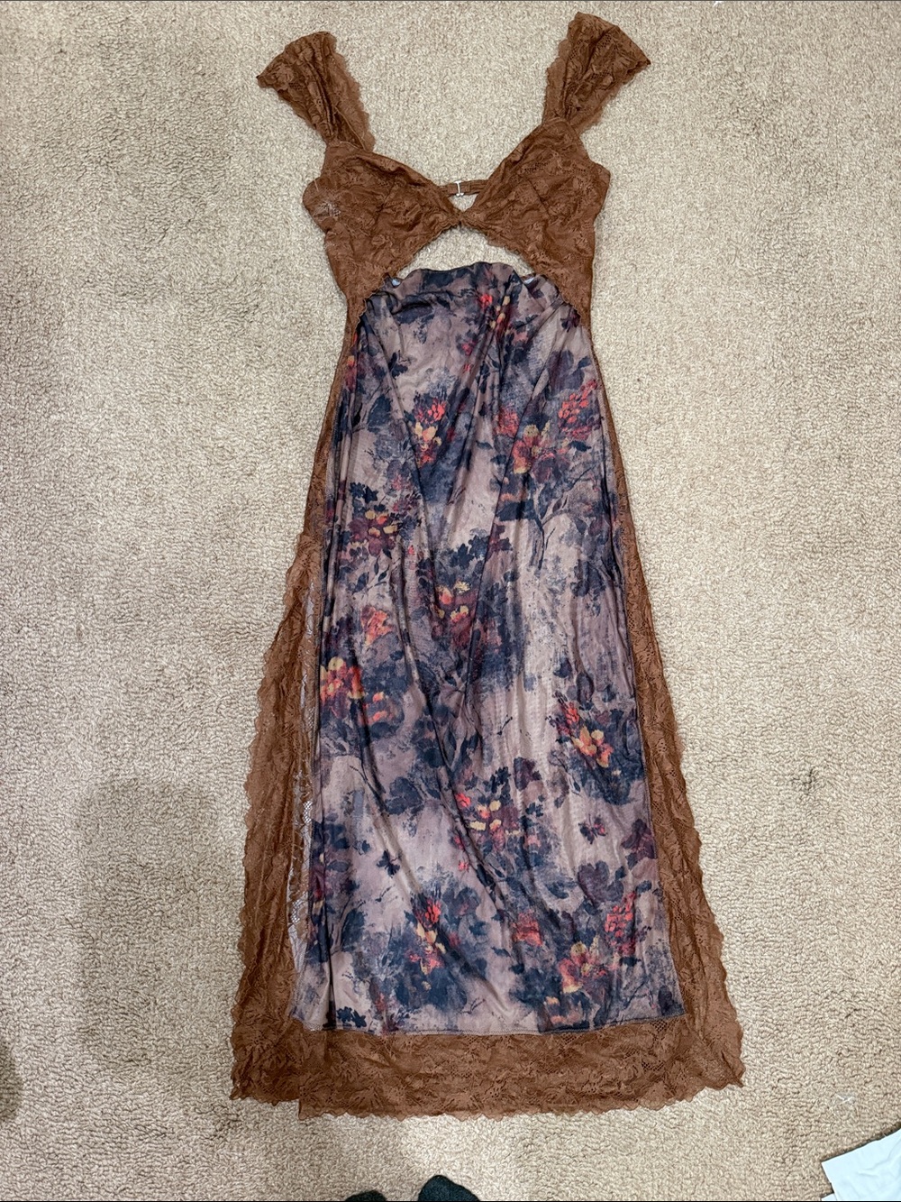 Free people Brown Lace & Floral Mesh Midi Dress